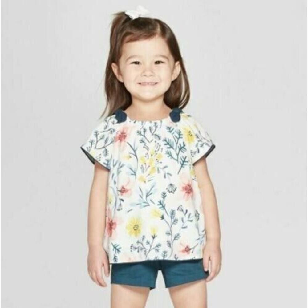 OshKosh‎ Toddler Girls Short Sleeve Blouse Genuine Kids® Almond Cream Floral 18M